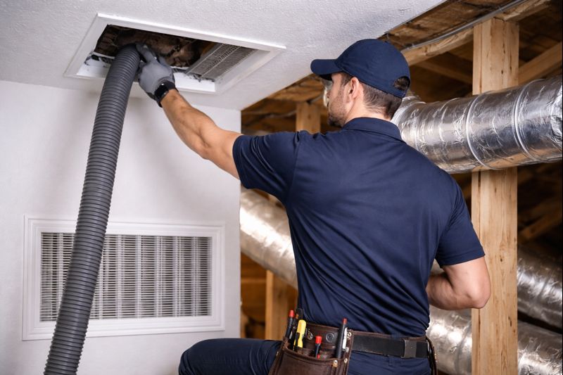 Professional air duct cleaning technician working on residential HVAC duct system in Indiana home