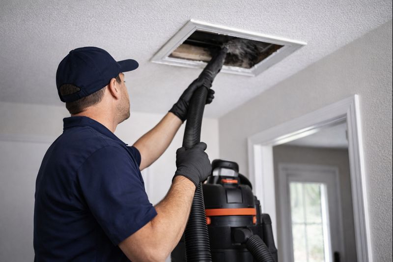 Professional air duct cleaning technicians working in an Indiana home
