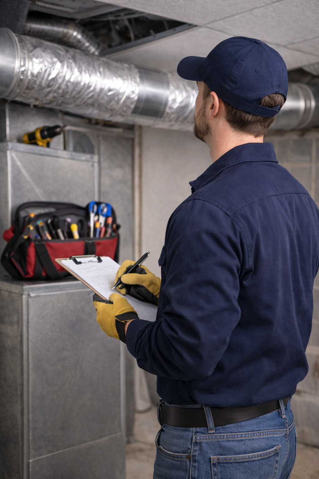 Professional HVAC technician inspecting air duct system during air duct cleaning service in Indiana
