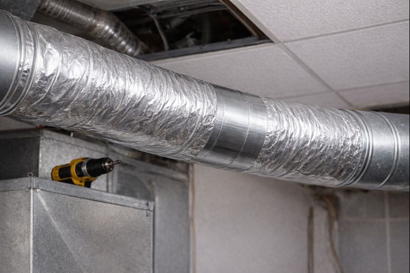 Repaired HVAC air duct after sealing with aluminum foil tape to prevent air leaks in an Indiana home
