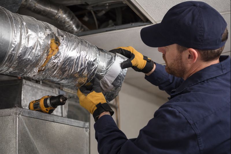 Technician repairing damaged air duct and sealing HVAC ventilation system in an Indiana home

